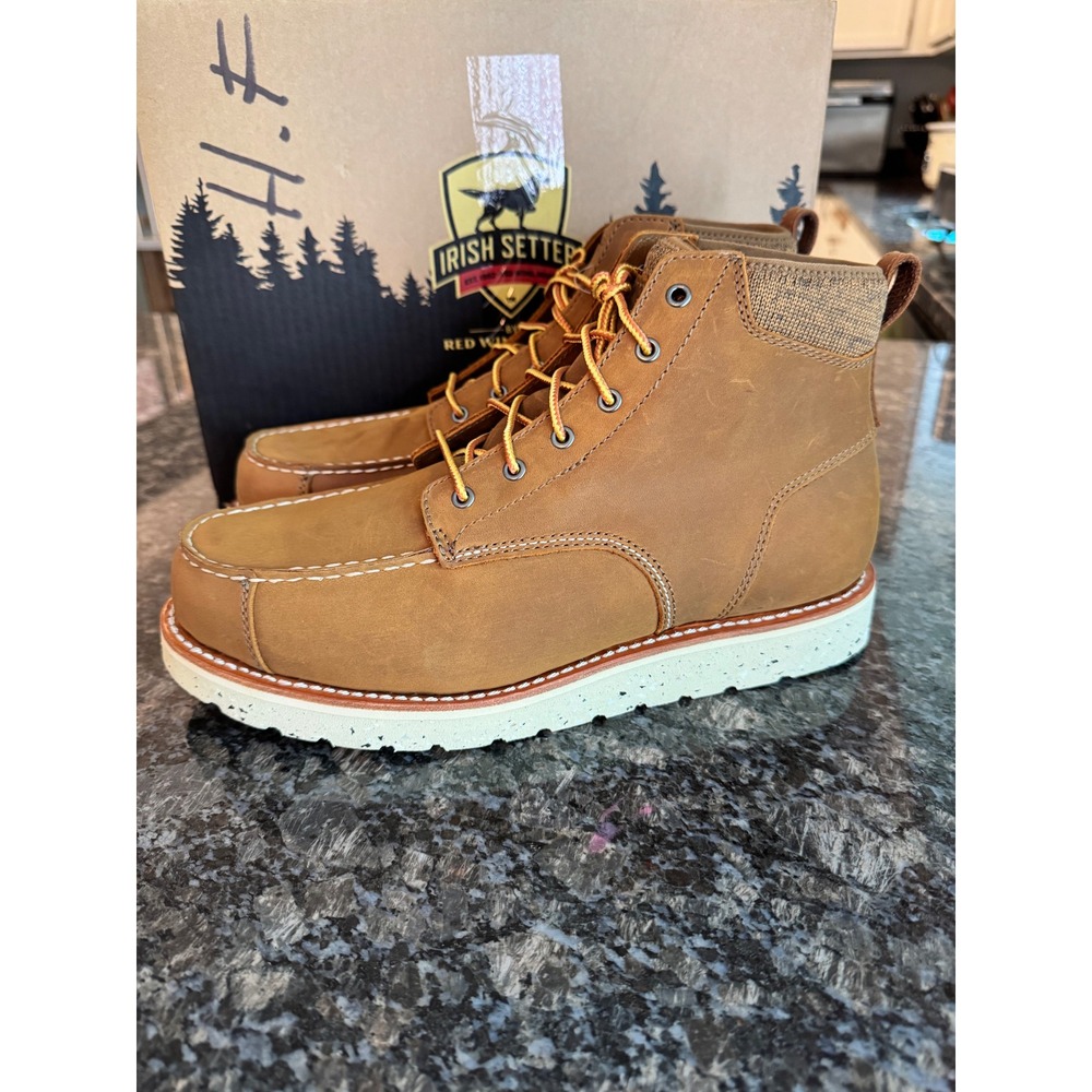 Irish Setter Setter Fifty 3918 Men 10.5 Wide Leather Moc Toe Wedge Boots Tan